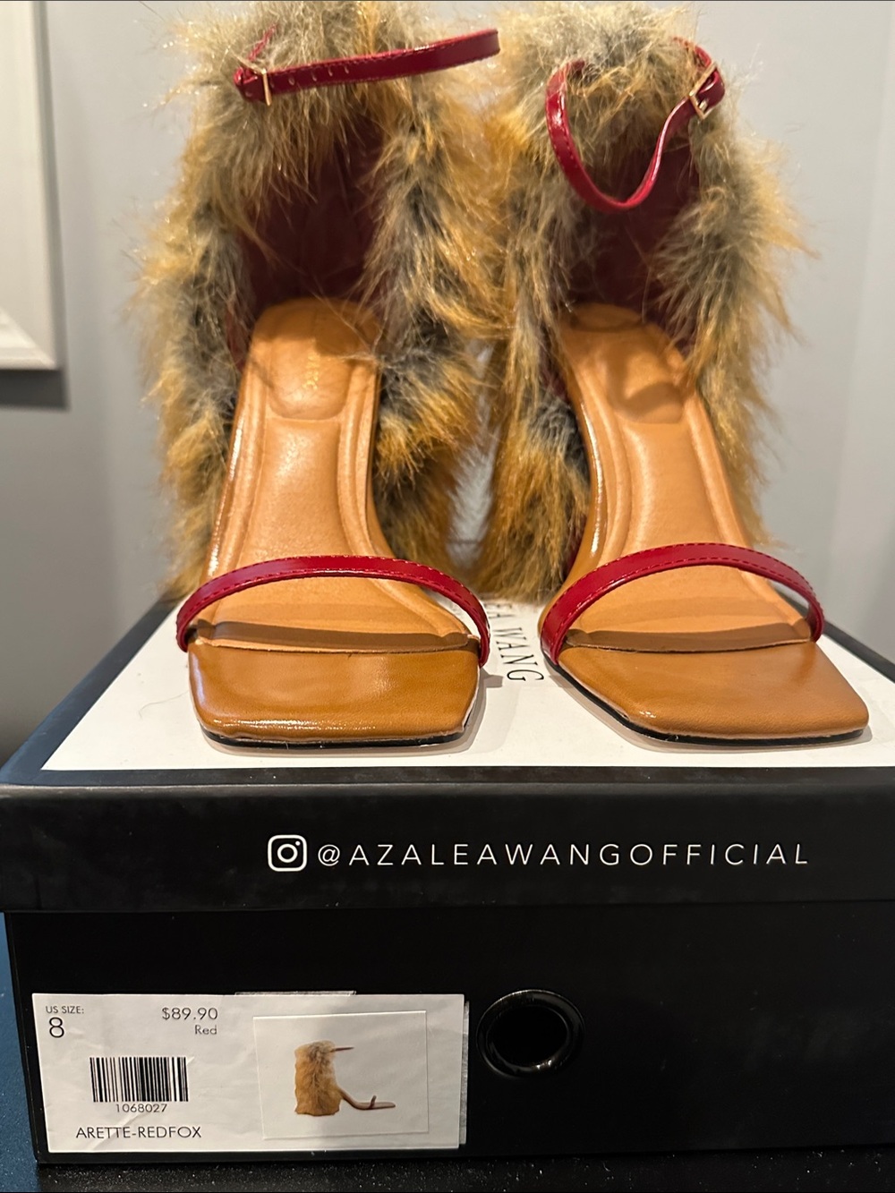 Azalea Wang Red Strap Faux Fur-Trim High Heel Sandals